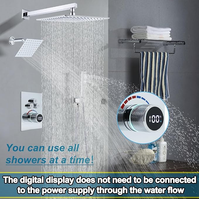 Digital Display Dual Head Shower system Rain Shower System Shower Wall Mount 10 Inch Ceiling Shower Head with 6 Inch Shower Head with shower handheld(Polished Chrome)