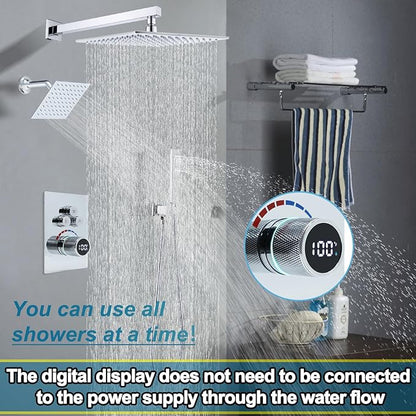 Digital Display Dual Head Shower system Rain Shower System Shower Wall Mount 10 Inch Ceiling Shower Head with 6 Inch Shower Head with shower handheld(Polished Chrome)