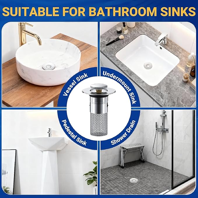 Bathroom Sink Stopper Strainer,2PCS Pop-Up Bathroom Sink Drain Strainer with Removable Stainless Steel Hair Catcher Basket,Sink Stopper Hair Catcher for US Bathroom Sinks,Bathtubs,Showers,Floor Drains