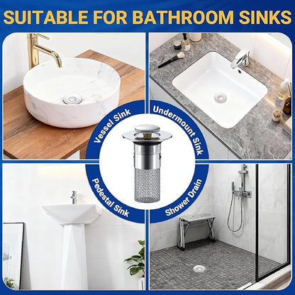 Bathroom Sink Stopper Strainer,2PCS Pop-Up Bathroom Sink Drain Strainer with Removable Stainless Steel Hair Catcher Basket,Sink Stopper Hair Catcher for US Bathroom Sinks,Bathtubs,Showers,Floor Drains