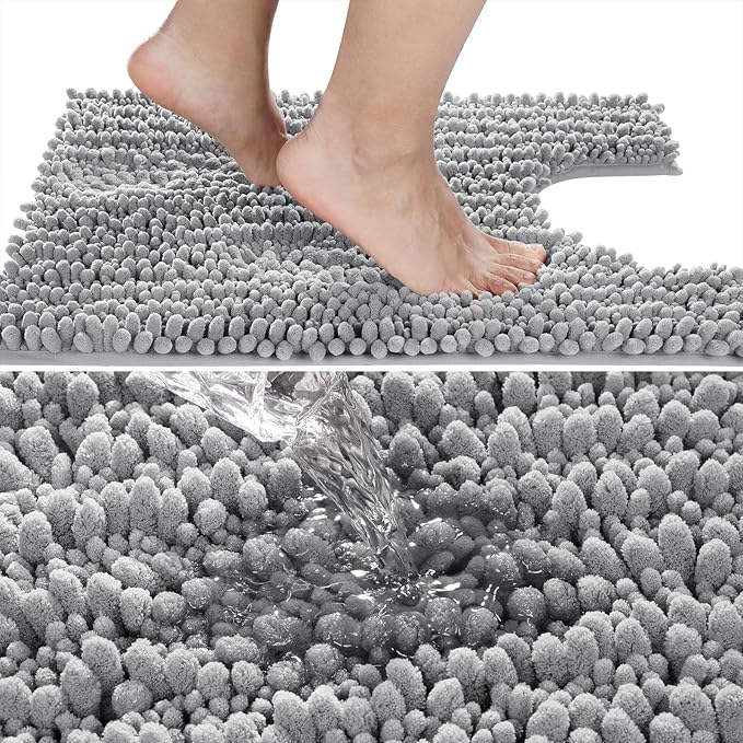 Yimobra Toilet Rug U Shaped Washable 24x20 Inch - Ultra Soft Absorbent Chenille Bath Rugs for Toilet, Quick Dry & Machine Washable, Non Slip Contour Bathroom Mat, Gray