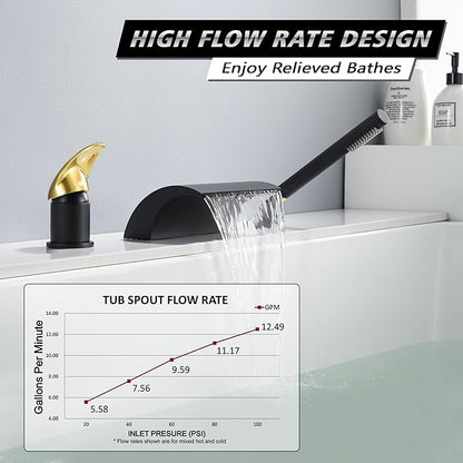 SUMERAIN Waterfall Roman Tub Faucet Deck Mount Bathtub Faucet Brass Tub Filler with Hand Shower, Black and Gold Finish