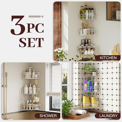 White Shower Caddy Corner, 3-Pack Adhesive Shower Shelves for Inside Shower, Rustproof Bathroom Organizer Corner with Built-in Hooks, No Drilling Bathroom Storage for Bath Accessories