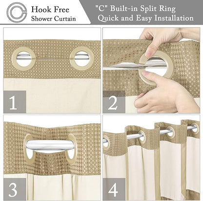 Gibelle Stall Small Shower Curtain 36x74, Waffle Weave Shower Curtain with Snap-in Fabric Liner Set, No Hooks Needed, Hotel Style with Mesh Top Window, Beige