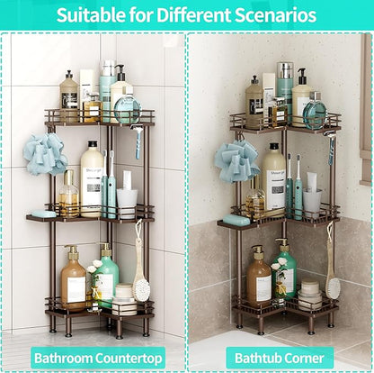 HapiRm Corner Shower Caddy Standing - 3 Tier Shower Organizer Corner with Soap Holder, Rustproof Bathroom Standing Organizer with 4 Hooks, Bronze