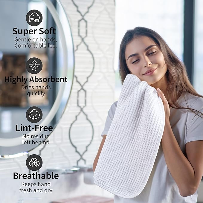 Microfiber Waffle Hand Towels, 4 Pieces, Soft, Absorbent, Fast Drying, Lint Free (White)