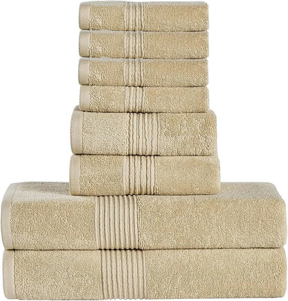 Bath Towels 8 Piece Towel Set – 100% Combed Cotton – Bath + Hand + Washcloths – Oeko-TEX Certified Soft & Absorbent Towels with Durable Double-Stitched Edges for Bathroom or Guest Spa, Beige