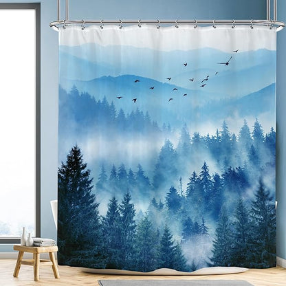 Riyidecor Extra Long Blue Shower Curtain 72Wx78H Inch Foggy Misty Nature Mountain Scene Navy Park View Pine Tree Alpine Natural Botanical Bathroom Decor Fabric Polyester Waterproof 12 Pack Hooks