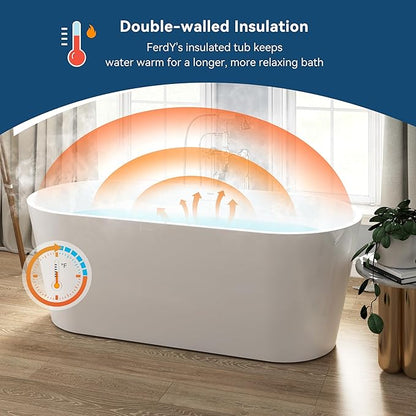 FerdY 67" Shangri-La Elite, Acrylic Freestanding Bathtub, Modern & Contemporary Design Soaking Tub with Brushed Nickel Pop-Up Drain and Minimalist Design Overflow, Glossy White, cUPC Certified