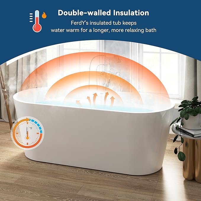 FerdY 67" Shangri-La Elite, Acrylic Freestanding Bathtub, Modern & Contemporary Design Soaking Tub with Polished Gold Drain Pop-Up Drain and Minimalist Design Overflow, cUPC Certified