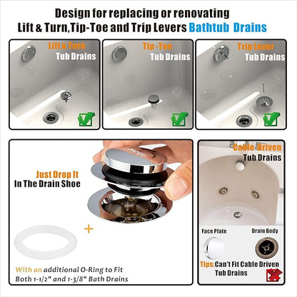 Artiwell Universal Tip Toe Bath Drain Stopper and Cover, Bathtub Drain Stopper, Replaces Lift and Turn, Tip-Toe and Trip Lever drains for Tub, EZ Installation and Clearing (Chrome Plated)