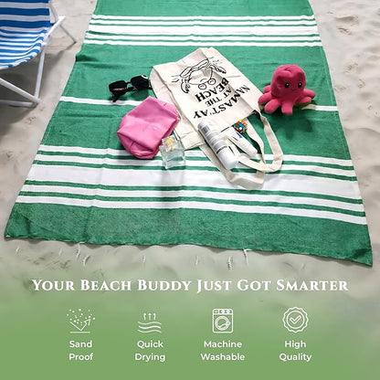Turkish Cotton Beach Towel Pack of 6 & 1 Boho Tote Bag - Hammam Towels - No Shrink - Quick Dry - Lightweight - Sand Free - Camping - Pool - Tanning - Beach Essentials - Green (40"x70")