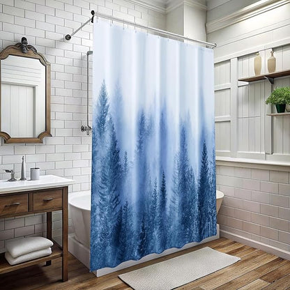 ORTIGIA 78 Inch Blue Misty Forest Shower Curtain for Bathroom, Nature Woodland Shower Curtain Set with Hooks, Decorative Pine Tree Fog Magic Bath Curtain, Waterproof Fabric, Weighted, 72x78