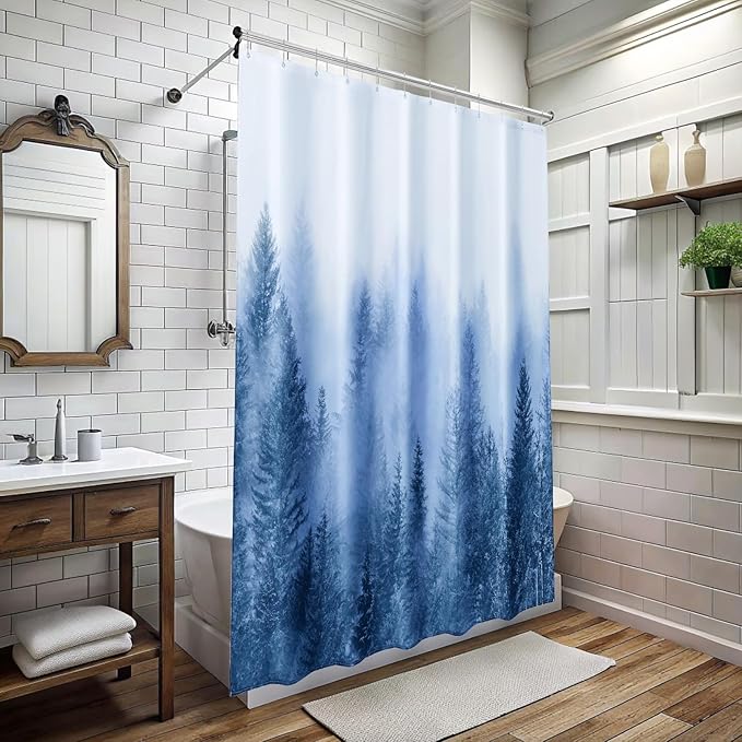 ORTIGIA 84 Inch Long Blue Misty Forest Shower Curtain for Bathroom, Nature Woodland Shower Curtain Set with Hooks, Decorative Pine Tree Fog Magic Bath Curtain, Waterproof Fabric, Weighted, 72x84