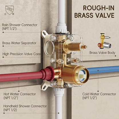 Gold Shower System, Shower Faucet Set with High Pressure 12 inch Shower Head and HandHeld, Wall Mounted Bathroom Shower Head Set,Shower Faucet Rough-in Valve and Trim Kit, Brushed,Gold