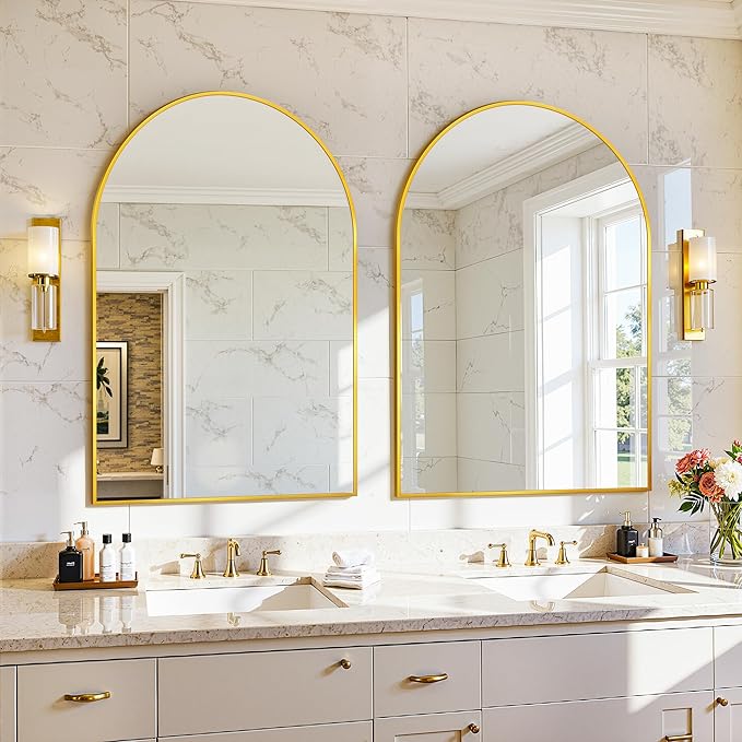 Arched Mirror 24"x36", Bathroom Mirror, Wall Mounted Vanity Mirror with Arch Metal Frame for Bathroom, Over Sink, Bedroom, Living Room, Flat Frame, Gold