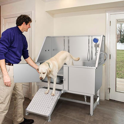 YITAHOME 50in Dog Bathing Station, Professional Stainless Steel 304 Dog Bathtub, Pet Grooming Tub w/Left Ramp, Floor Grate, Faucet, Pet Washing Station for Large, Medium, Small Pets, Indoor, Outdoor