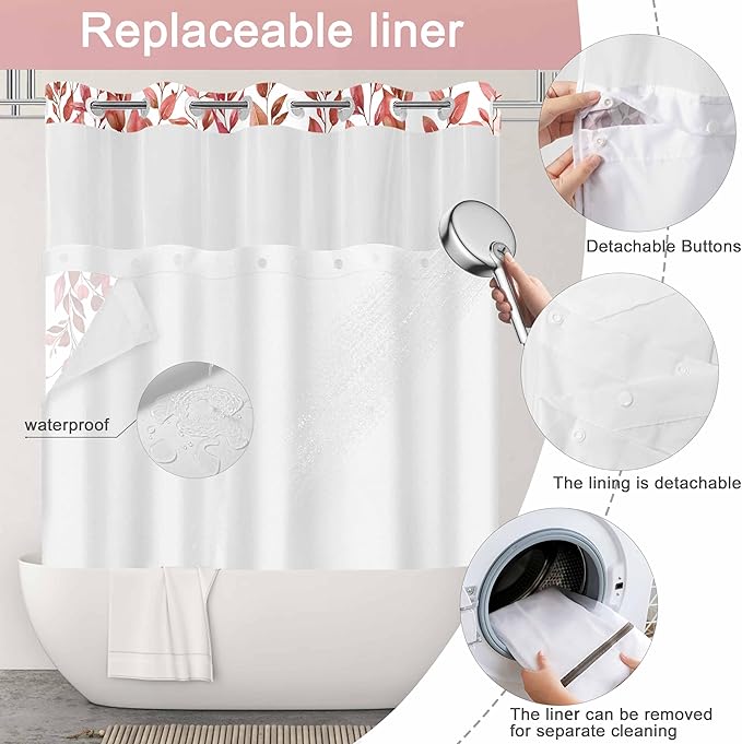 No Hook Shower Curtain and Liner Set, Red Eucalyptus Floral Shower Curtains for Bathroom, Bath Curtain Sets with Snap in Liner, Waterproof with See Through Top Window, 71x84 Inches