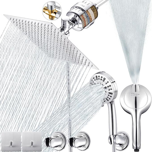 10" Dual Filtered Shower Head Showerhead Handheld Sprayer 20 Stage Water Filter Diverter 79" Hose Combo, Filtration Fixed Rain Rainfall, for Chlorine Well Water Hair Dry Skin, DSFC02 (square, 10")