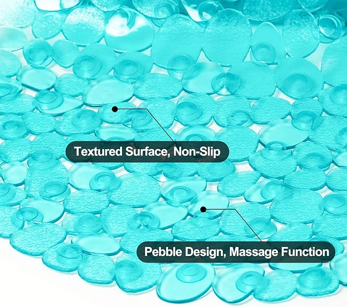 WELTRXE Pebbles Bath Mat Oval Non-Slip Bathtub Mat with Suction Cups, Drain Holes for Bathroom Showers, Tub, Machine Washable, BPA, Latex Free Safe Shower Mats, 27 x 14 Inch, Teal