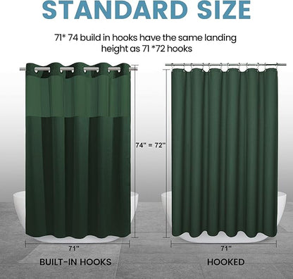 Dark Green Shower Curtain and Liner Set - 230GSM Waffle Weave Textured Heavy Duty,Hotel Luxury Weighted Bath Curtain,71W x 74H