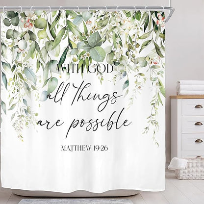 Riyidecor Sage Green Eucalyptus Leaves Shower Curtain for Bathroom Decor 72Wx72H Bible Verse Quotes Spring Floral Botanical Watercolor Art Printed Fabric Polyester Waterproof 12 Pack Metal Hooks