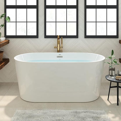 FerdY Shangri-La 55" Acrylic Freestanding Bathtub, Small Classic Oval Shape Acrylic Soaking Bathtub with Brushed Nickel Drain & Minimalist Linear Design Overflow, Modern White, cUPC Certified