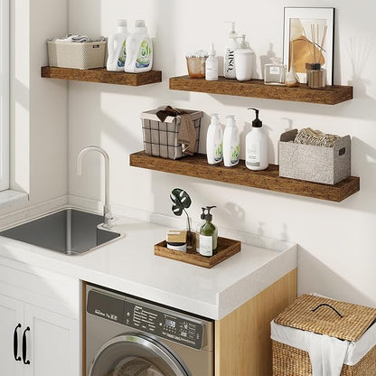 fuqing Floating Shelves for Wall, Wall Mounted Wood Floating Shelf with Invisible Brackets for Living Room, Bathroom, Bedroom, Kitchen Storage and Decor, 24 Inch Set of 2, Rustic Brown