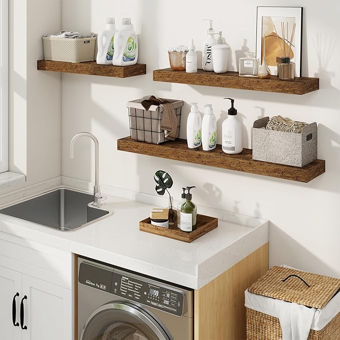 fuqing Floating Shelves for Wall, Wall Mounted Wood Floating Shelf with Invisible Brackets for Living Room, Bathroom, Bedroom, Kitchen Storage and Decor, 16 Inch Set of 2, Rustic Brown