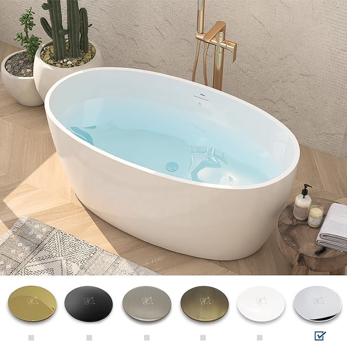 FerdY Tahiti 55" Acrylic Freestanding Bathtub, Elegant Oval Shape Soaking Bathtub, Glossy White, Chrome Drain & Integrated Slotted Overflow Assembly Included cUPC Certified