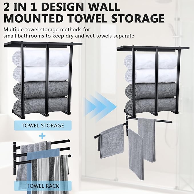 3-Tier Wall Mounted Towel Rack, Bathroom Storage Shelf with Towel Bar, Heavy-Duty Metal Organizer in Matte Black for Bathroom and Powder Room Storage and Organizer