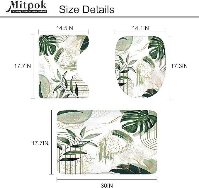 4 PCS Sage Green Boho Shower Curtain Set 72Wx72H, Non-Slip Bath Rug Toilet Lid Cover and U Shape Mat Modern Tropical Palm Leaves Complete Bathroom Set Accessories with 12 Hooks Bathroom Decor