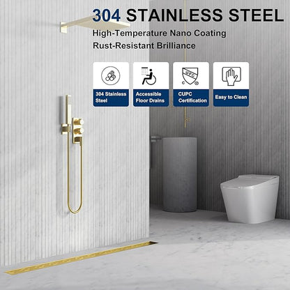Neodrain 36-in Brushed Brass Rectangular Linear Shower Drain with Brick Pattern Grate, 304 Stainless Steel Bathroom Floor Drain, Gold Linear Drain with Hair Strainer,CUPC Certified