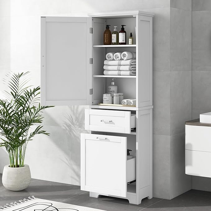 Favfurish 68" Tall Bathroom Storage Cabinet with Door and 2 Drawer,Modern Linen Cabinets w/Adjustable Shelf & Magnetic Door Stopper,Freestanding Organizer for Bath Room,Study,Office,Kitchen White
