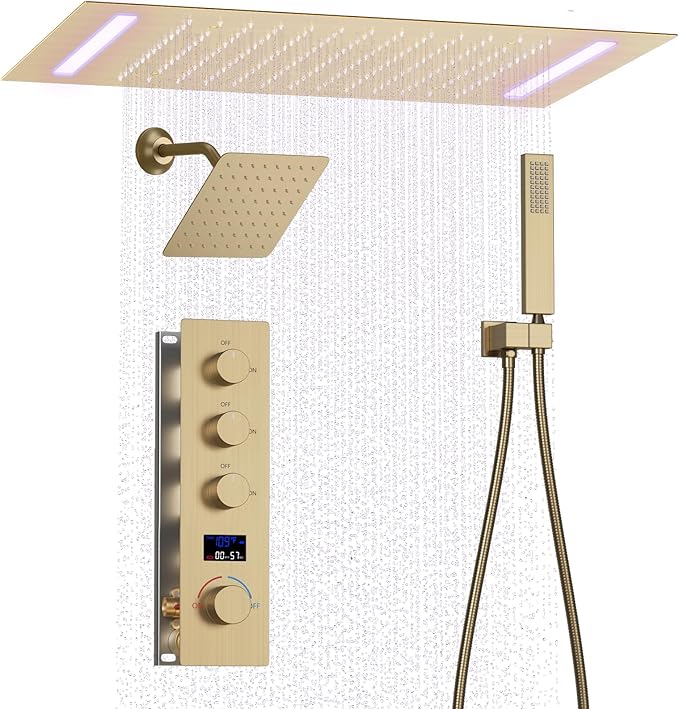 Shower System Brushed Gold Shower Faucet Set with 14X20 inch and 8 inch Rainfall Shower Head, Handheld Spray, 3 Way Digital Temperature Display Shower