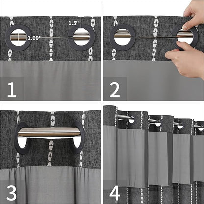 No Hook Extra Long Shower Curtain Set with Snap-in Liner,Linen Textured Thick Striped Fabric with Tassels,Boho Chic Modern Farmhouse Bathroom Curtain,Water-Repellent,Charcoal Grey,71x86