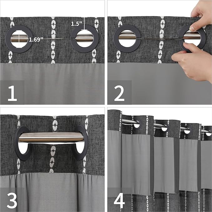 Boho Farmhouse No Hook Shower Curtain Set with Snap-in Fabric Liner,Heavy-Duty Linen Textured Rustic Striped Design,Water-Repellent with Tassels and Sheer Window,Charcoal Grey,71x74