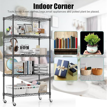 Himimi 5-Tier Storage Shelf Wire Shelving Unit on Wheels Heavy Duty Metal Shelves Adjustable Steel Rack Organization for Kitchen Garage Basement, Black