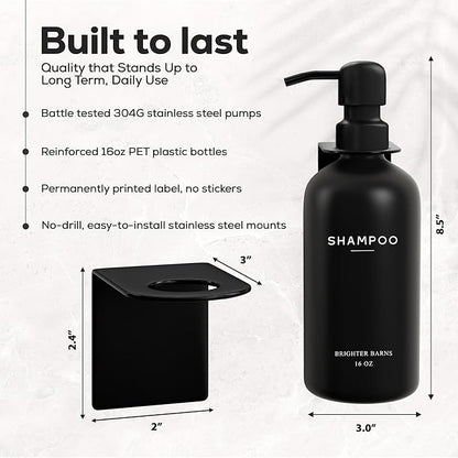 Black Shampoo and Conditioner Dispenser Set Wall Mounted by Brighter Barns - 3 Chamber No Drill Shampoo Bottles for Shower Wall - Refillable Plastic Shower Soap Dispenser for Airbnb, RV, Hotel (Black)