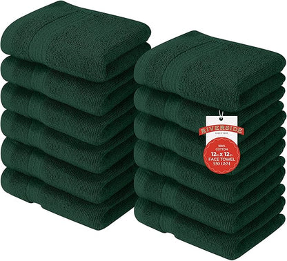RIVERSIDE 12 Pack Premium 100% Cotton Face Washcloths, 550 GSM, 12 x 12 Inches, Soft, Absorbent Towels for Body & Shower, Bathroom Wash Clothes, Durable Face Towels Set for Spa, Gym, Hunter Green