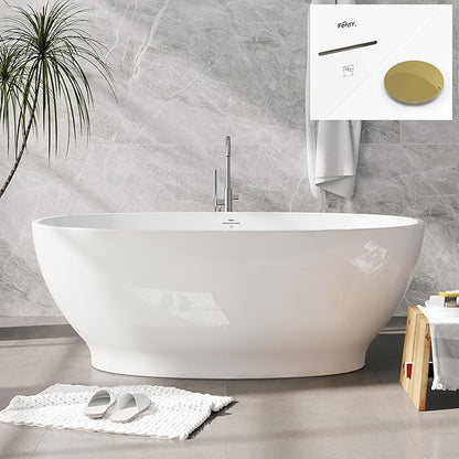 FerdY Koh Samui 65" Freestanding Bathtub, Elegant Oval Shape, Double Walled Insulation Bathtub with Center Polished Gold Drain & Minimalist Linear Design Overflow