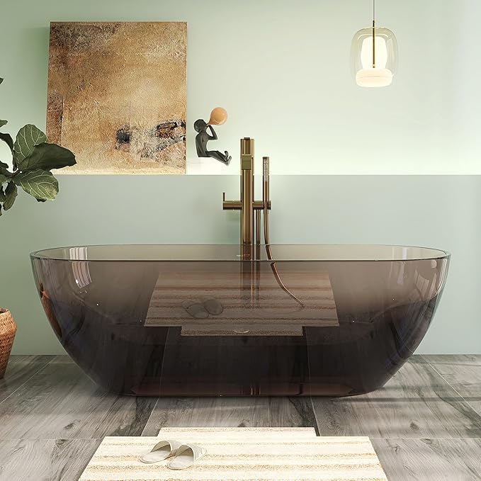 69" Premium Solid Surface Free Standing Bathtub, Unique Transparent Brown Stone Resin Tub with Pop-up Drain