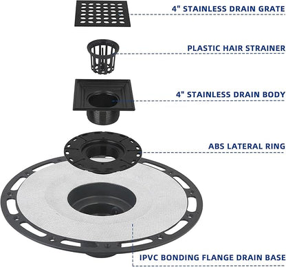 Square Shower Drain, 4-Inch Matte Black Kit with Bonding Flange, Removable Stainless Steel Grate & Hair Strainer, Fits 2" & 3" Pipes for Tiled Floors