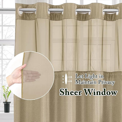 Gibelle Stall Small Shower Curtain 36x74, Waffle Weave Shower Curtain with Snap-in Fabric Liner Set, No Hooks Needed, Hotel Style with Mesh Top Window, Beige
