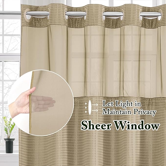 Gibelle Long Shower Curtain 72x80, Waffle Weave Bathroom Shower Curtain with Snap-in Fabric Liner Set, No Hooks Needed, Hotel Style with Mesh Top Window, Beige
