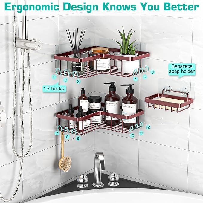 YASONIC Corner Shower Caddy, 3-Pack Adhesive Shower Caddy with Soap Holder and 12 Hooks, Rustproof Stainless Steel, No Drilling Wall Mounted Rack Organizer, for Bathroom, Bronze
