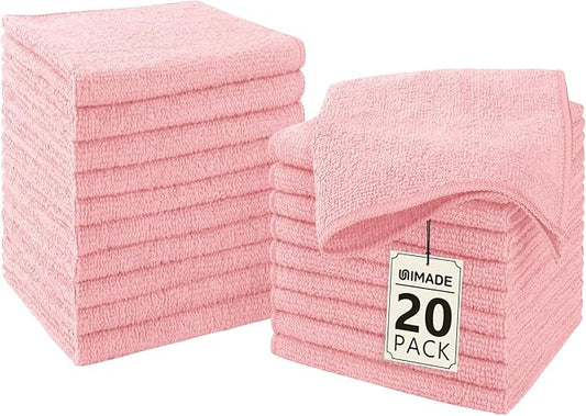 Washcloths - 20 Pack - Face Towels (12" x 12"), Highly Soft Wash Cloths and Hand Towels, Fast Drying Multi-Purpose Microfiber Cleansing Cloths for Bathroom, Hotel, Spa, and Salon - Pink