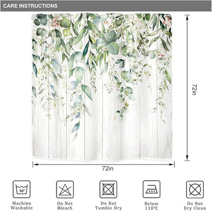 Riyidecor Sage Green Eucalyptus Leaves Shower Curtain for Bathroom Decor 72Wx72H Wooden Rustic Leaf Plants Botanical Spring Floral Art Printed Fabric Polyester Waterproof 12 Pack Plastic