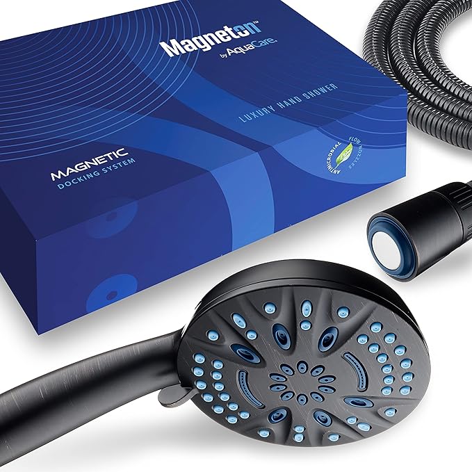 AquaCare Magneton High-Pressure 8-mode Handheld Shower Head with Magnetic Guidance Docking System - 2 Magnetic Brackets, 5 inch Face, Hygienic Jets, 6 ft. Stainless Steel Hose/ORB Finish