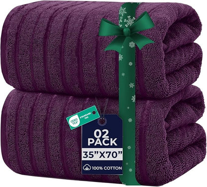 DAN RIVER Pack of 2 Bath Sheet 35x70 Inches, Oversized Ribbed Quick Dry Towel, Soft Luxury Towels for Bathroom - Purple Passion